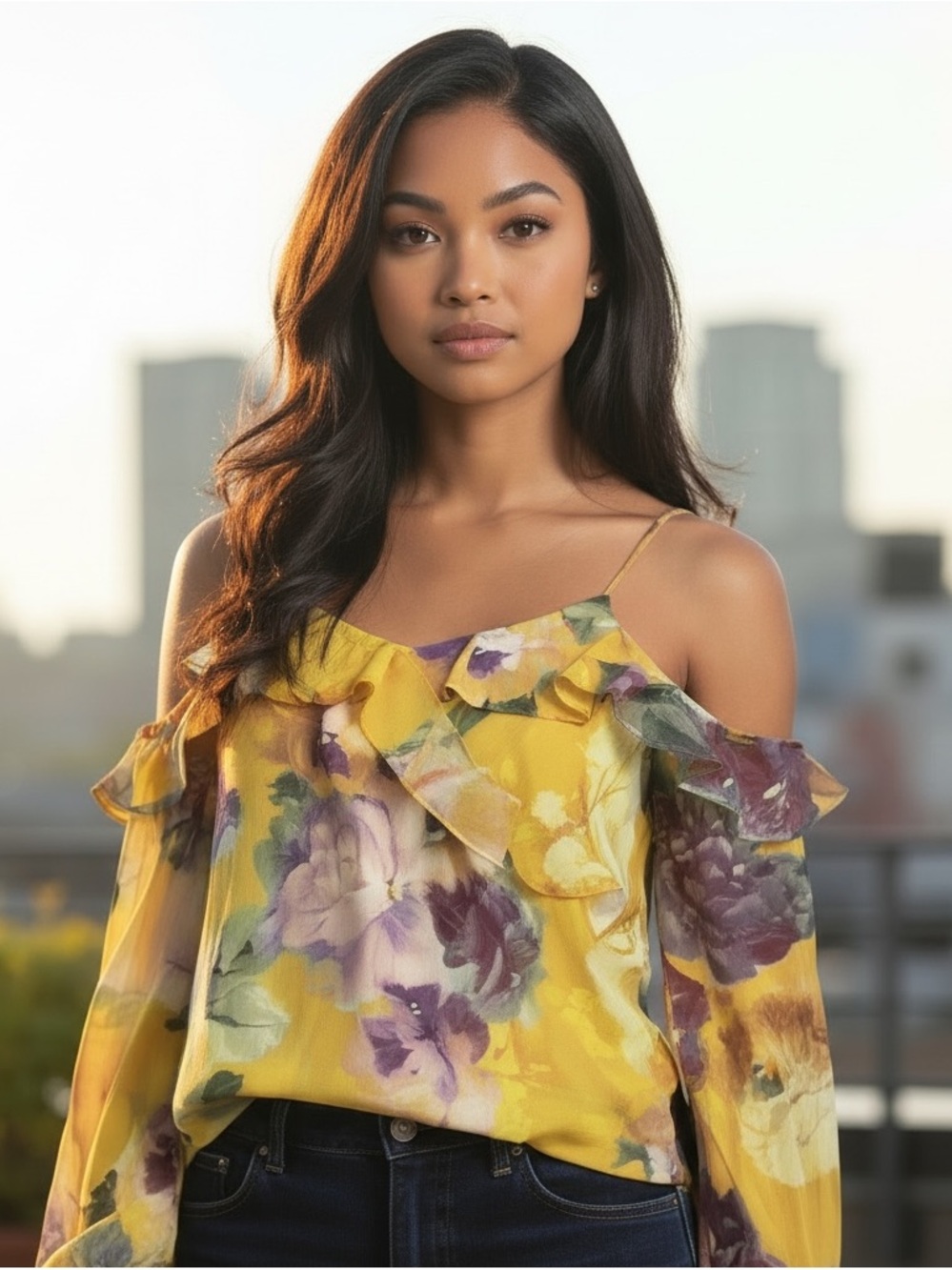 Express Yellow Floral Cold-Shoulder Ruffle Blouse